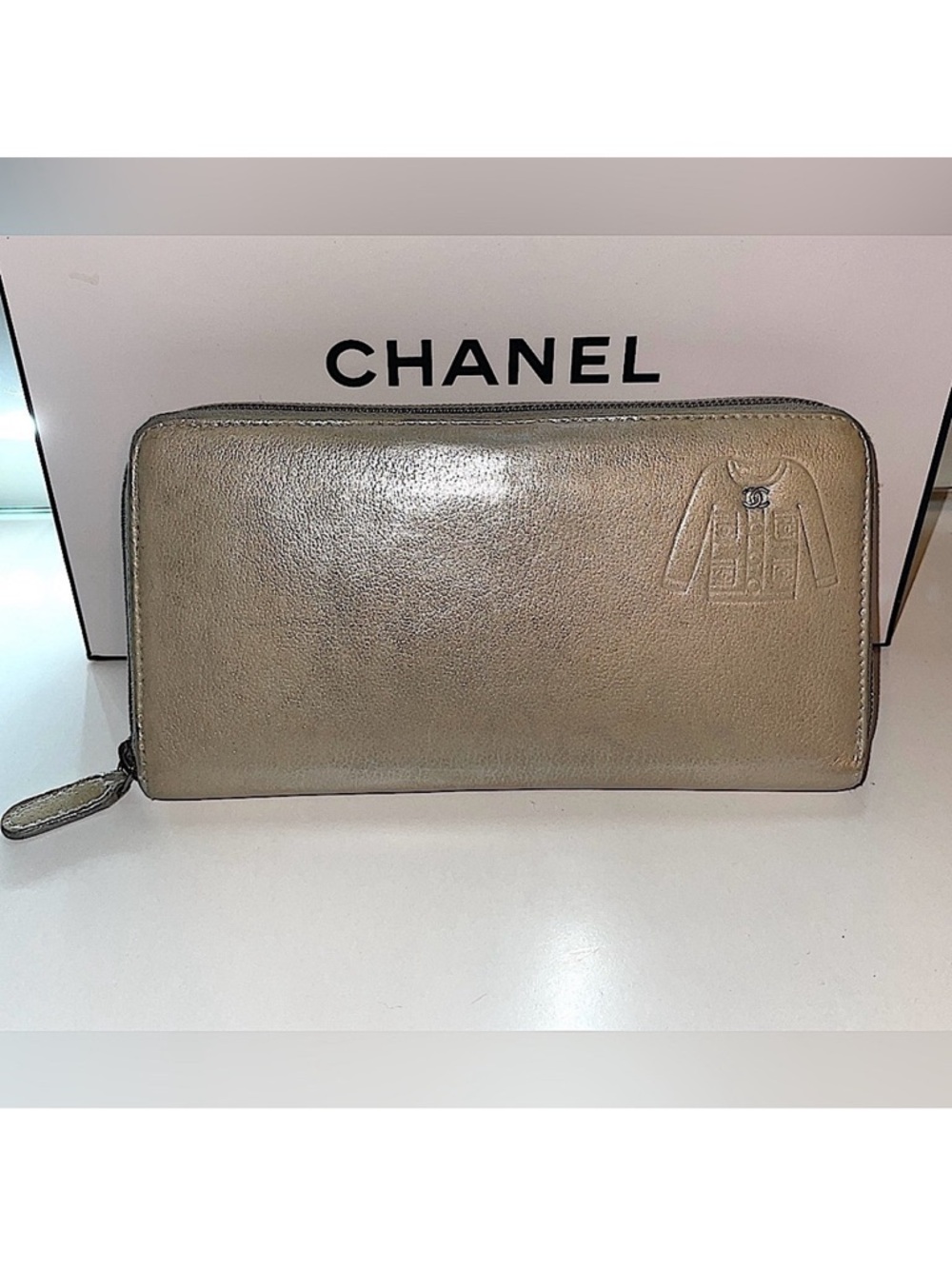 Chanel Long Zip Around Zippy Wallet CC Jacket Motif Leather Champagne Gold RARE